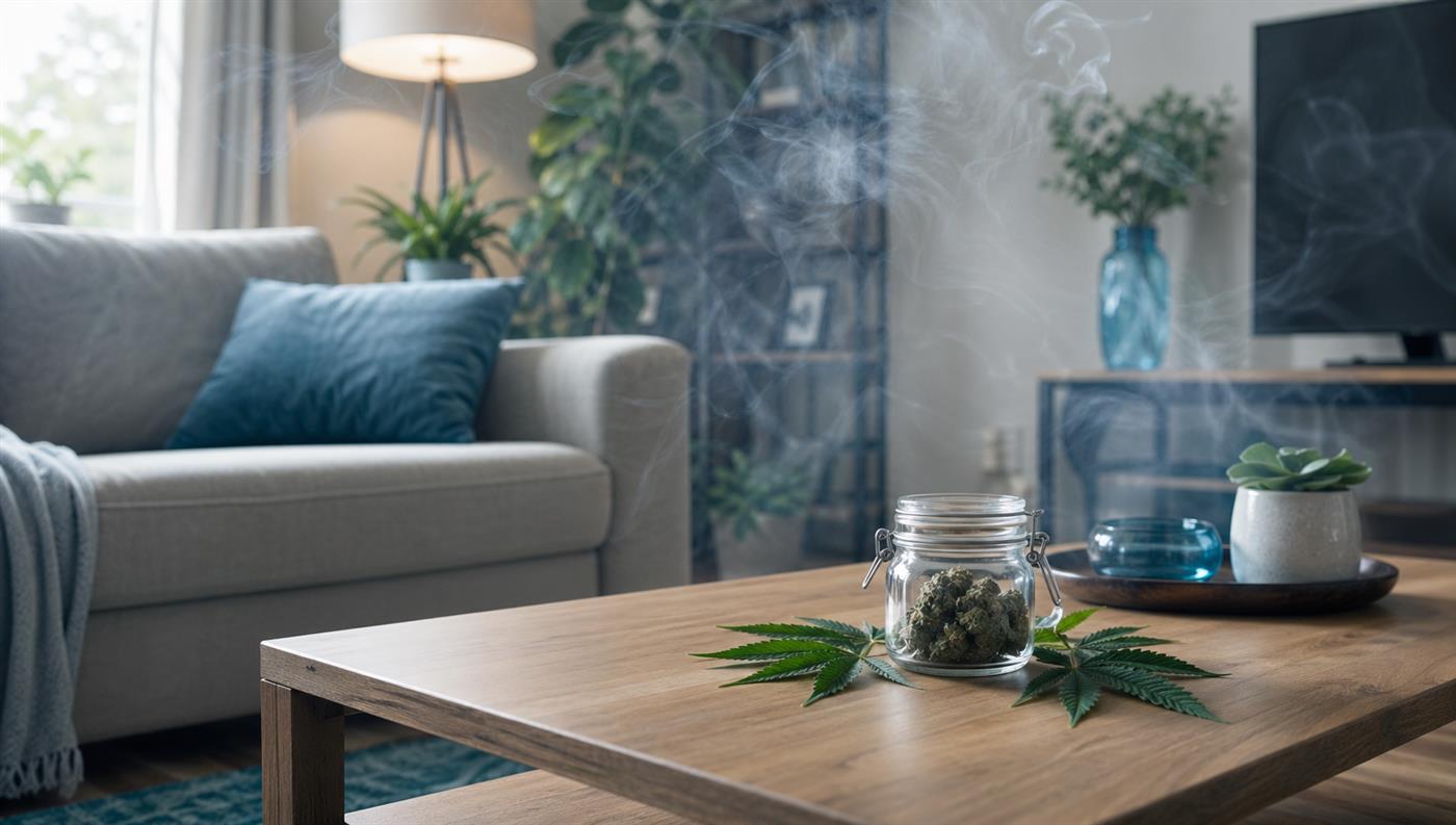 Cannabis leaves on a coffee table inside a home with light haze for marijuana odor removal in Los Angeles