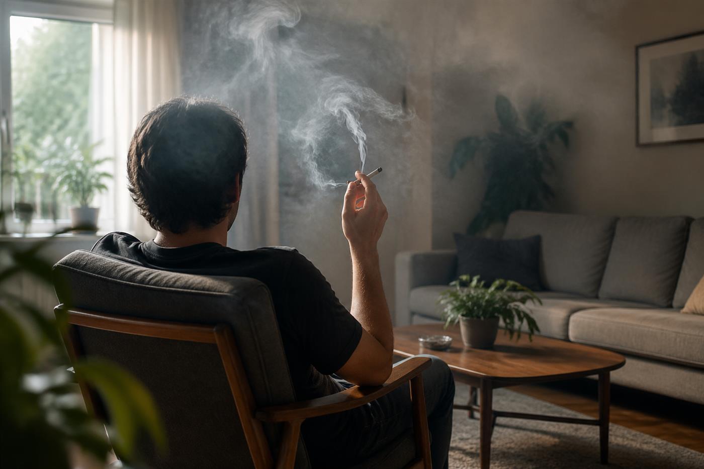 Person viewed from behind smoking in a chair inside a home with visible smoke for smoke odor removal Los Angeles